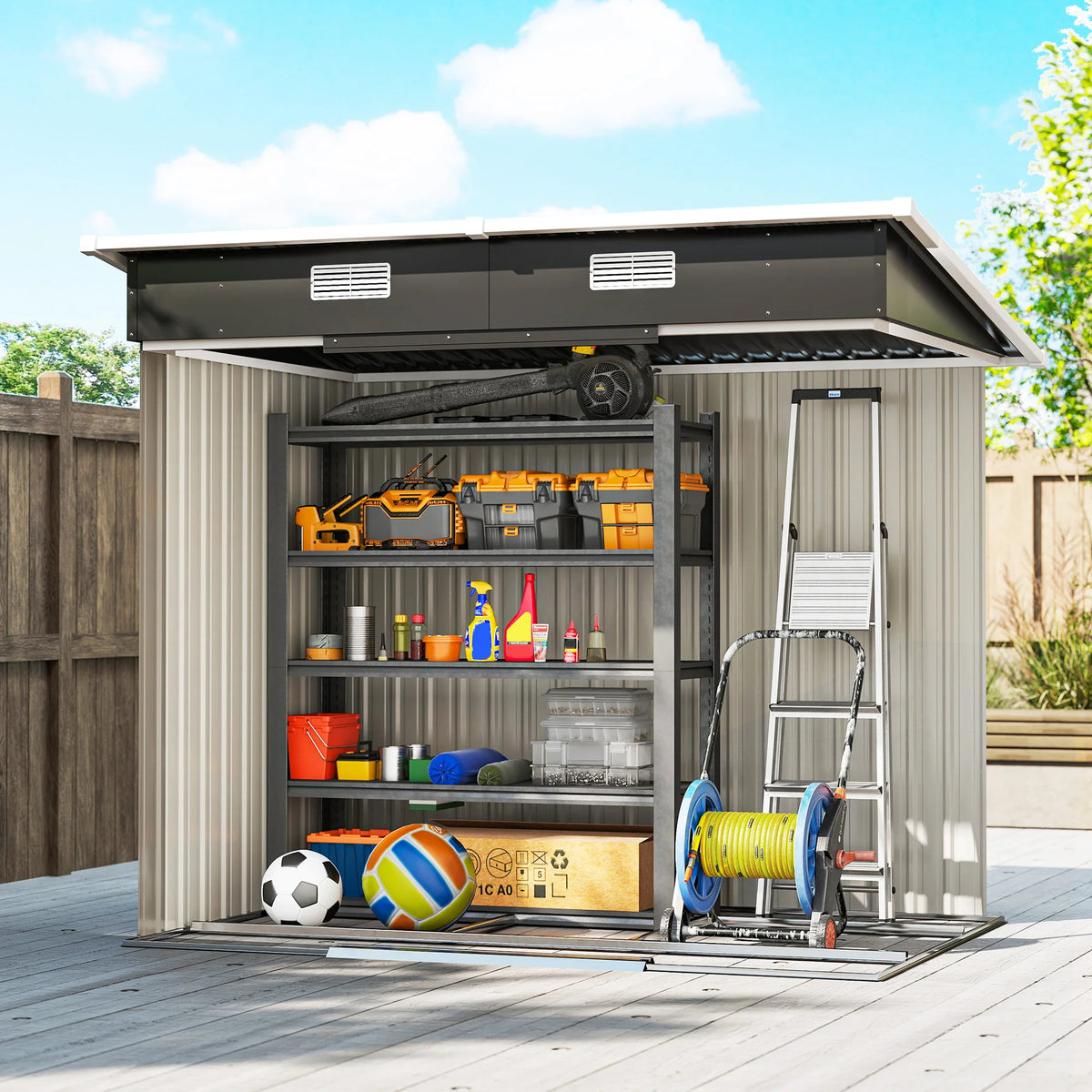 Lean-to Metal Garden Storage Shed with Sliding Door, 203 x 130cm, Black
