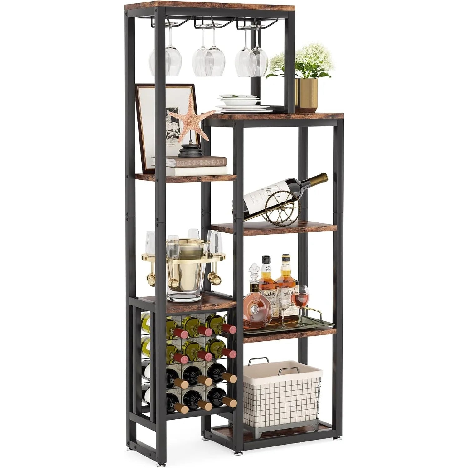 5-Tier Freestanding Industrial Wine Rack Cabinet | Rustic Brown Floor Wine Display Shelf with Glass Holder for Home Bar