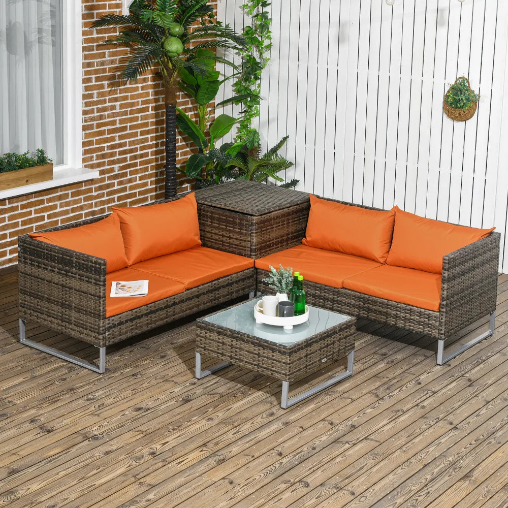 4 Piece Rattan Corner Sofa Set with Storage Table and Loveseats, Orange