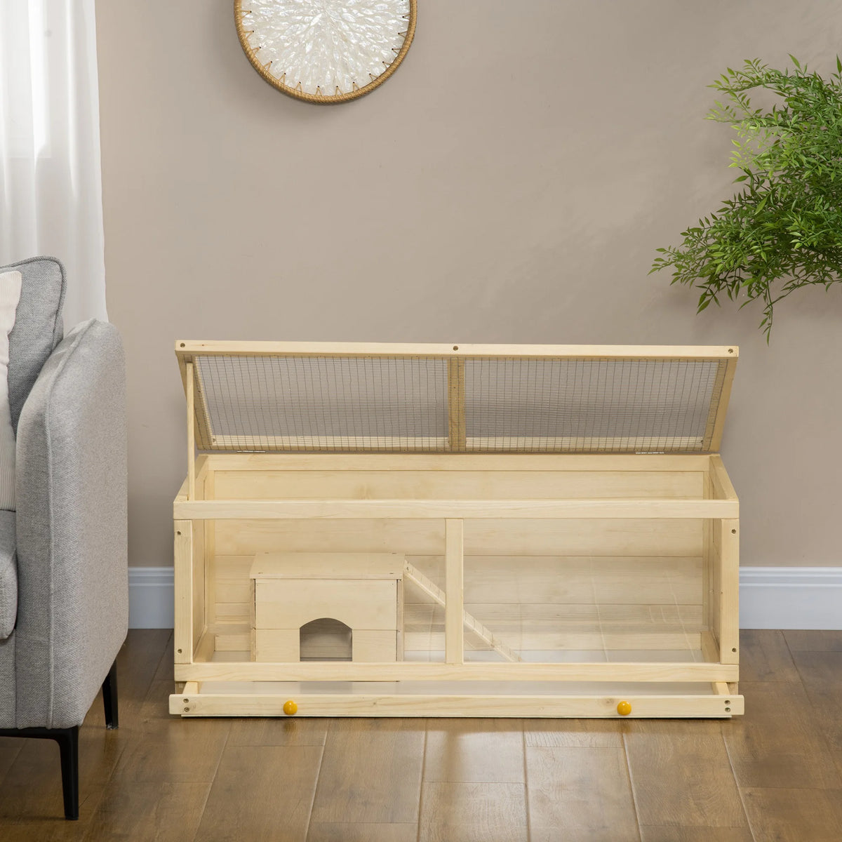 Wooden Hamster Cage, Small Animal Cage with Sliding Tray, Openable Top, Hut, Exercise Play House for Syrian Hamsters