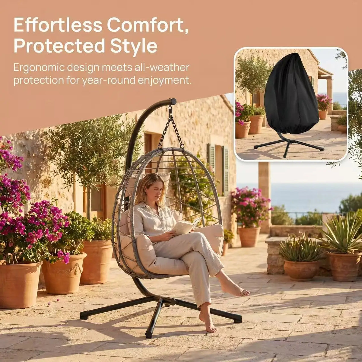 Outdoor Hanging Egg Chair with Stand, Waterproof Cushion & Rain Cover