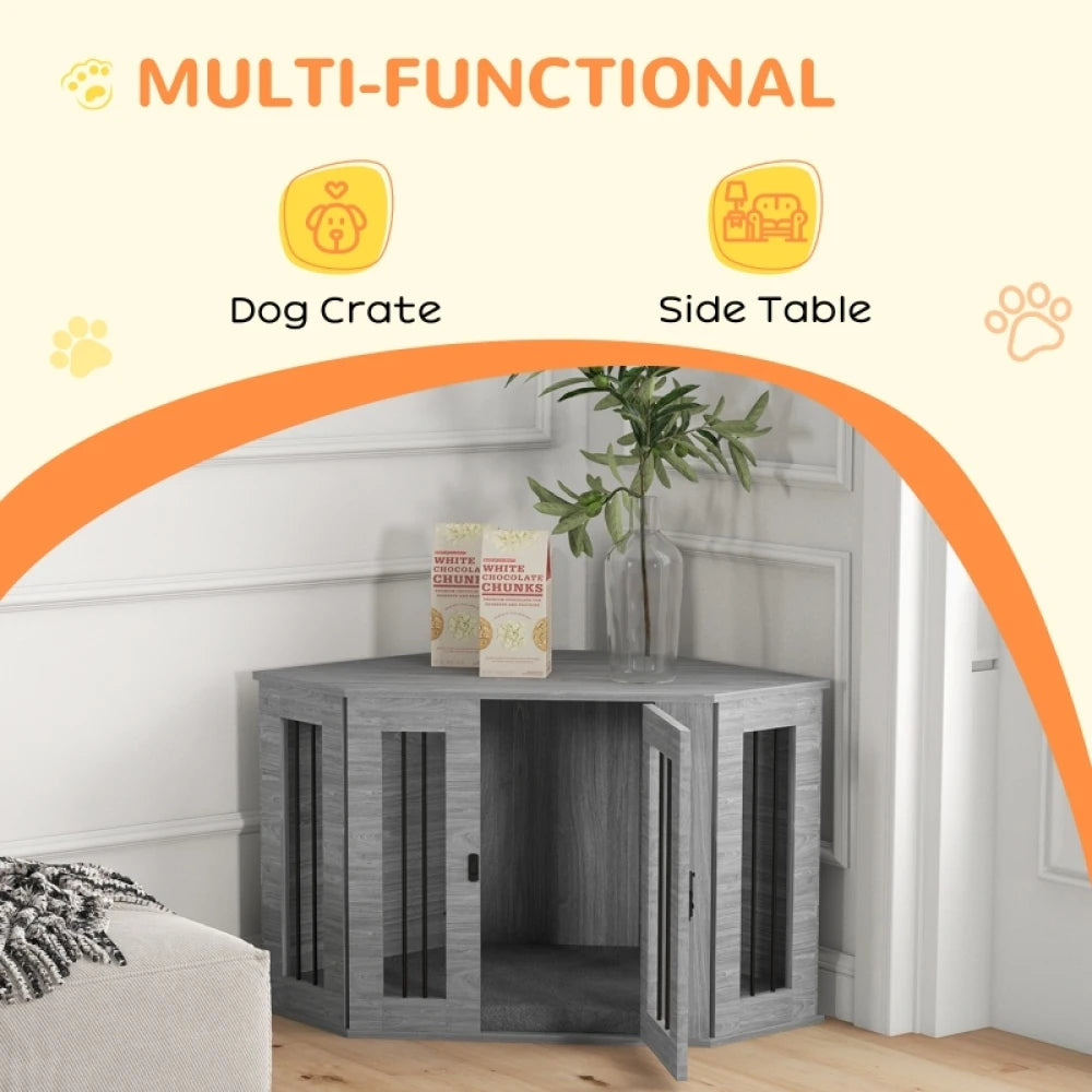 2 in 1 Dog Crate Furniture Side Table 104x55x63cm with Cushion Grey for Medium Dogs