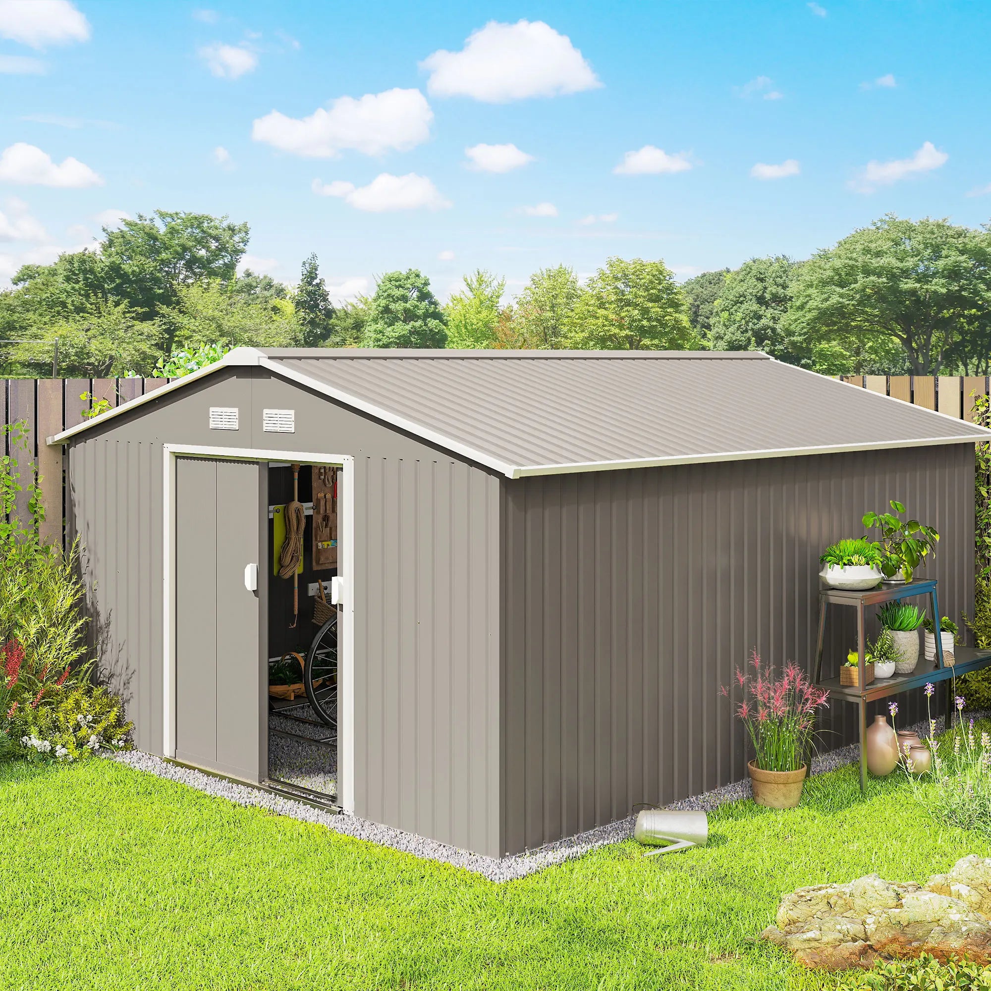 13 x 11ft Galvanised Metal Garden Shed with Double Sliding Lockable Doors, Foundation Kit and Ventilation