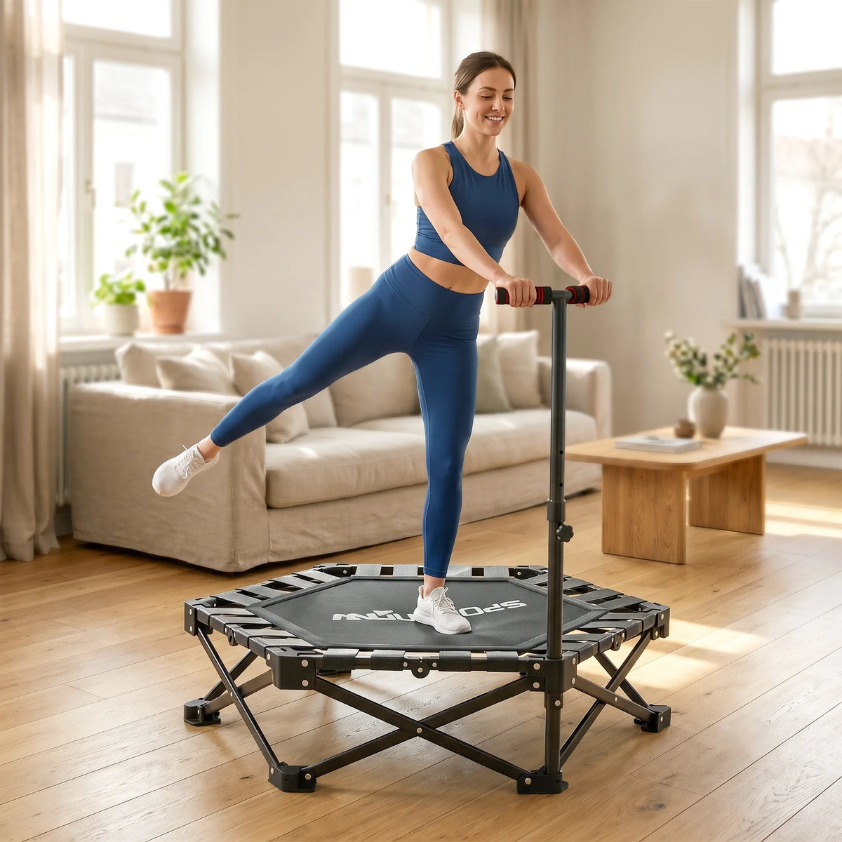 42-Inch Foldable Mini Trampoline with 3-Height Adjustable Handle, Black