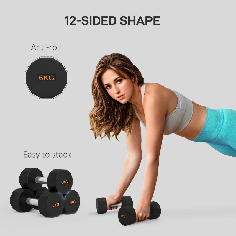 2 x 6kg Dumbbells Set 12 Sided Anti-Roll Non-Slip Grip for Men Women Home Gym Workout