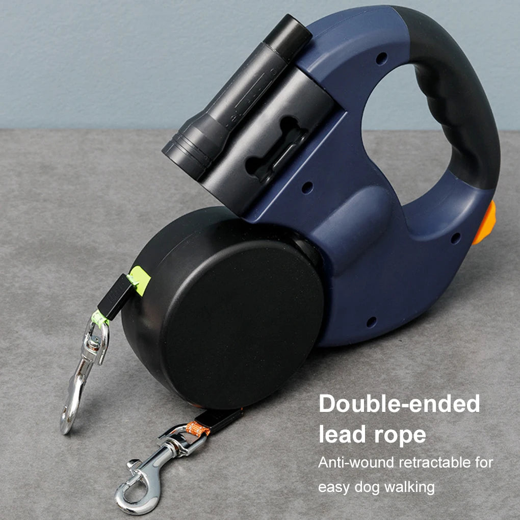 Small Dog Leash Dual Retractable Heads LED Light 360° Rotatable Push Button for Pet Walking