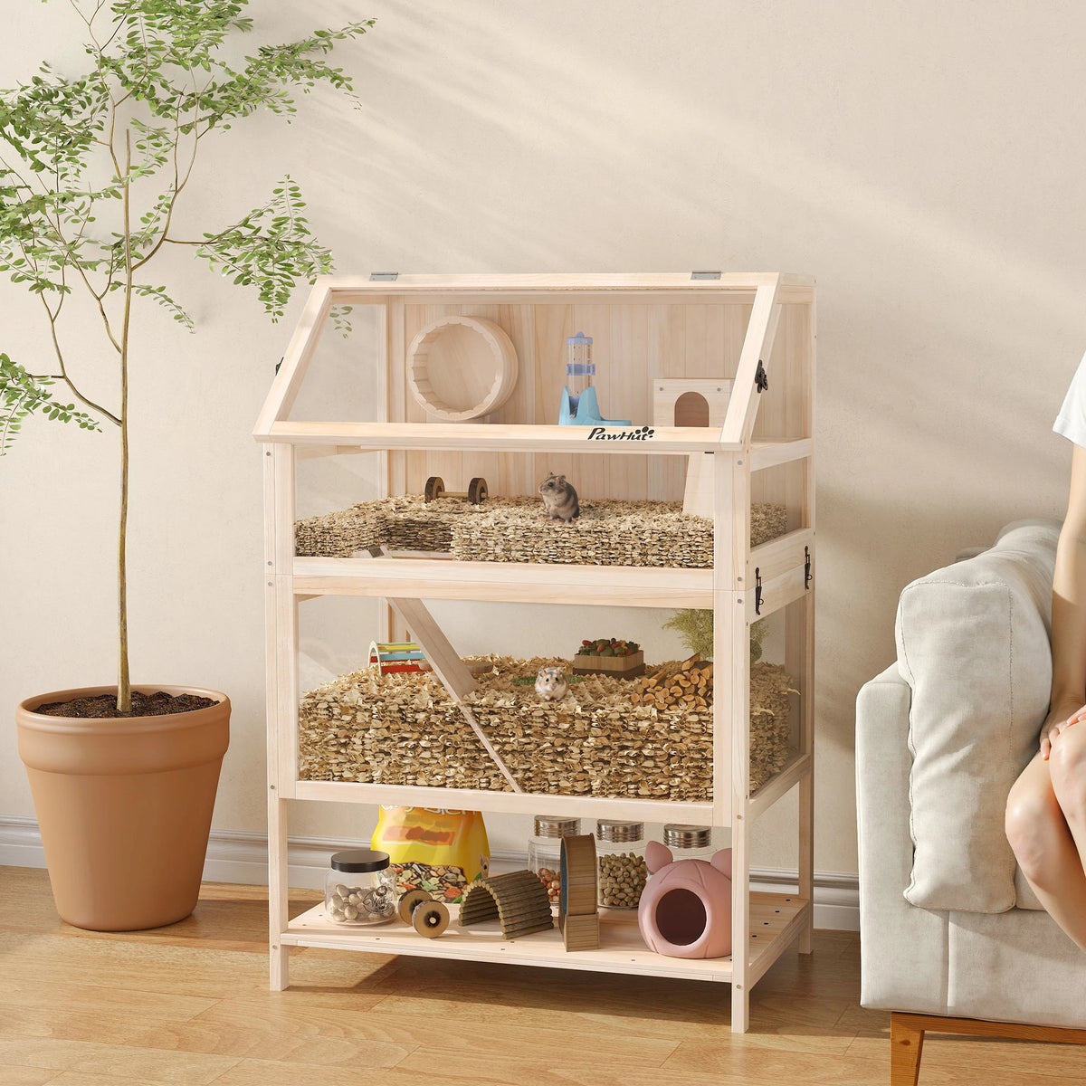 3 Tier Wooden Hamster Cage 80x53x117cm Gerbil Cage with Acrylic Panels Wheel Seesaw and Storage Shelf