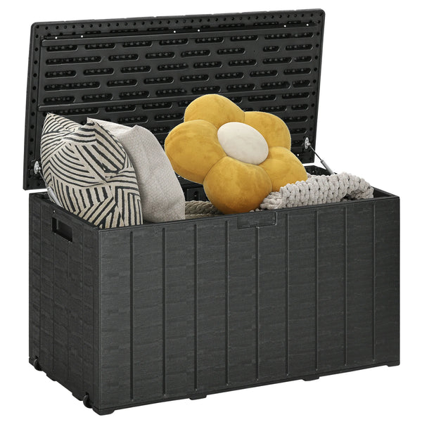 366L Garden Storage Box with Wheels and Handles, Outdoor Deck Box, 122.4 x 62 x 64.5 cm, Black