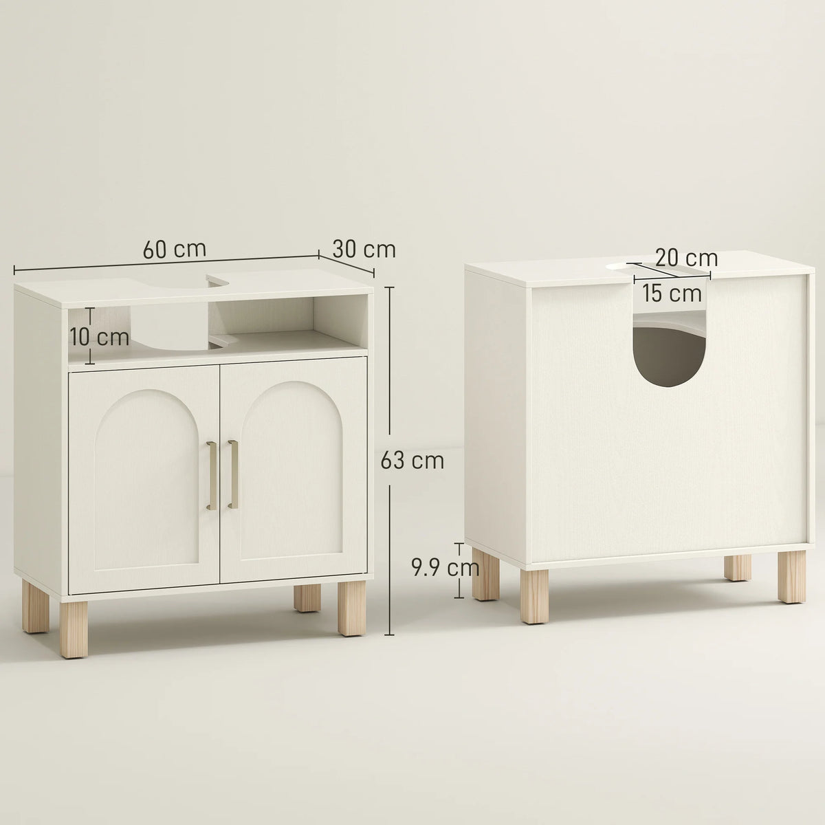 Under Sink Bathroom Cabinet with Adjustable Shelf and U-Shaped Cut-Out, 60 x 30 x 63 cm, Cream White