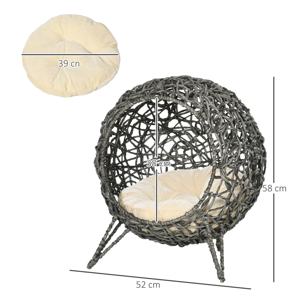 Elevated Rattan Cat House with Cushion Hand Woven PE Wicker Basket on 3 Metal Legs Large Entrance Grey