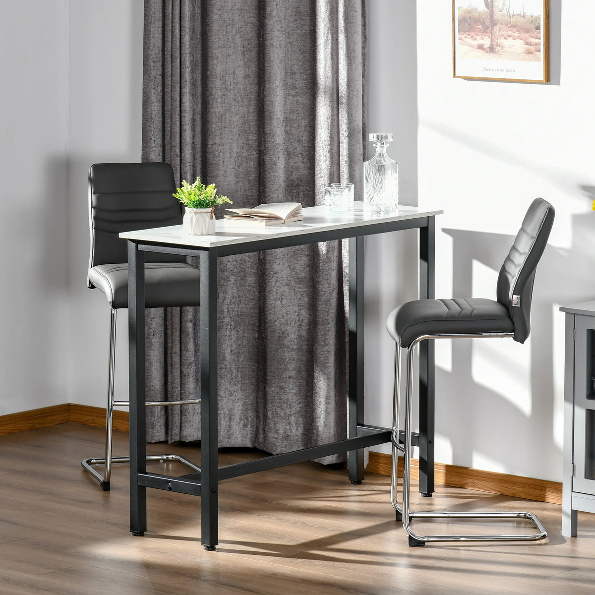 Bar Table with Marble-Effect Top, Adjustable Footpads