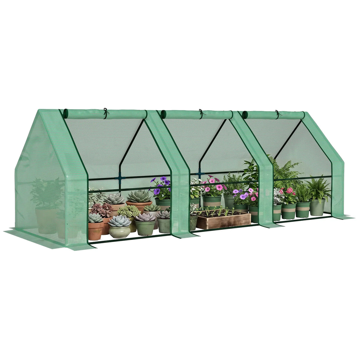 Mini Greenhouse Garden Planter with 3 Zip Doors, Portable, 270 x 90 x 90cm