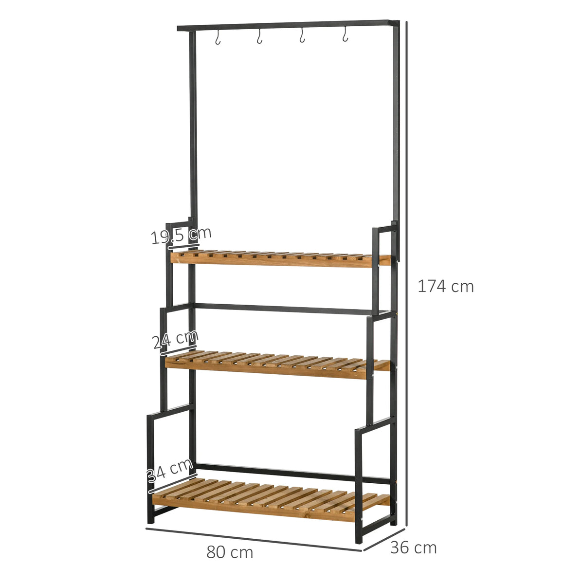3 Tier Tall Plant Stand with Top Hanging Hooks Slatted Fir Wood Shelves Metal Frame 20kg Black and Natural