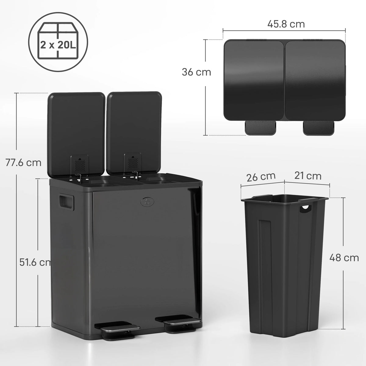 2 x 20L Dual Kitchen Bin Pedal Bin for Recycling and Waste