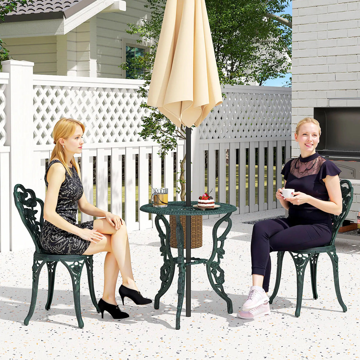 Cast Aluminium Outdoor Patio Garden Bistro Table & Chair Set, Green (3-Piece)