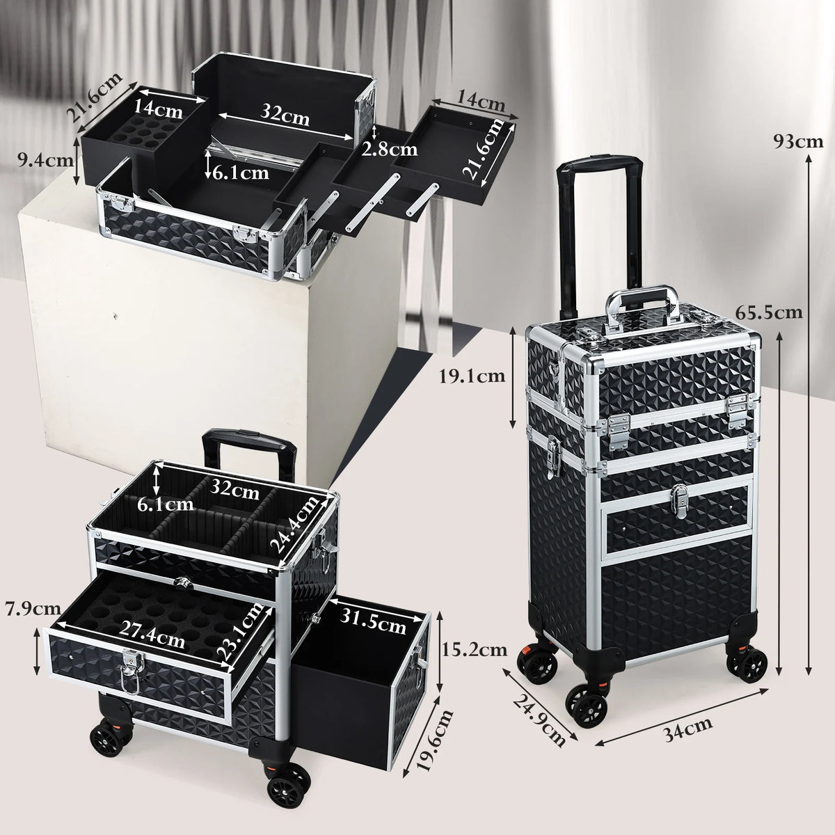 Cosmetology Case on Wheels with Large Trays and Drawers 36-55L PVC Rolling Salon Cart for Barbers and Manicure