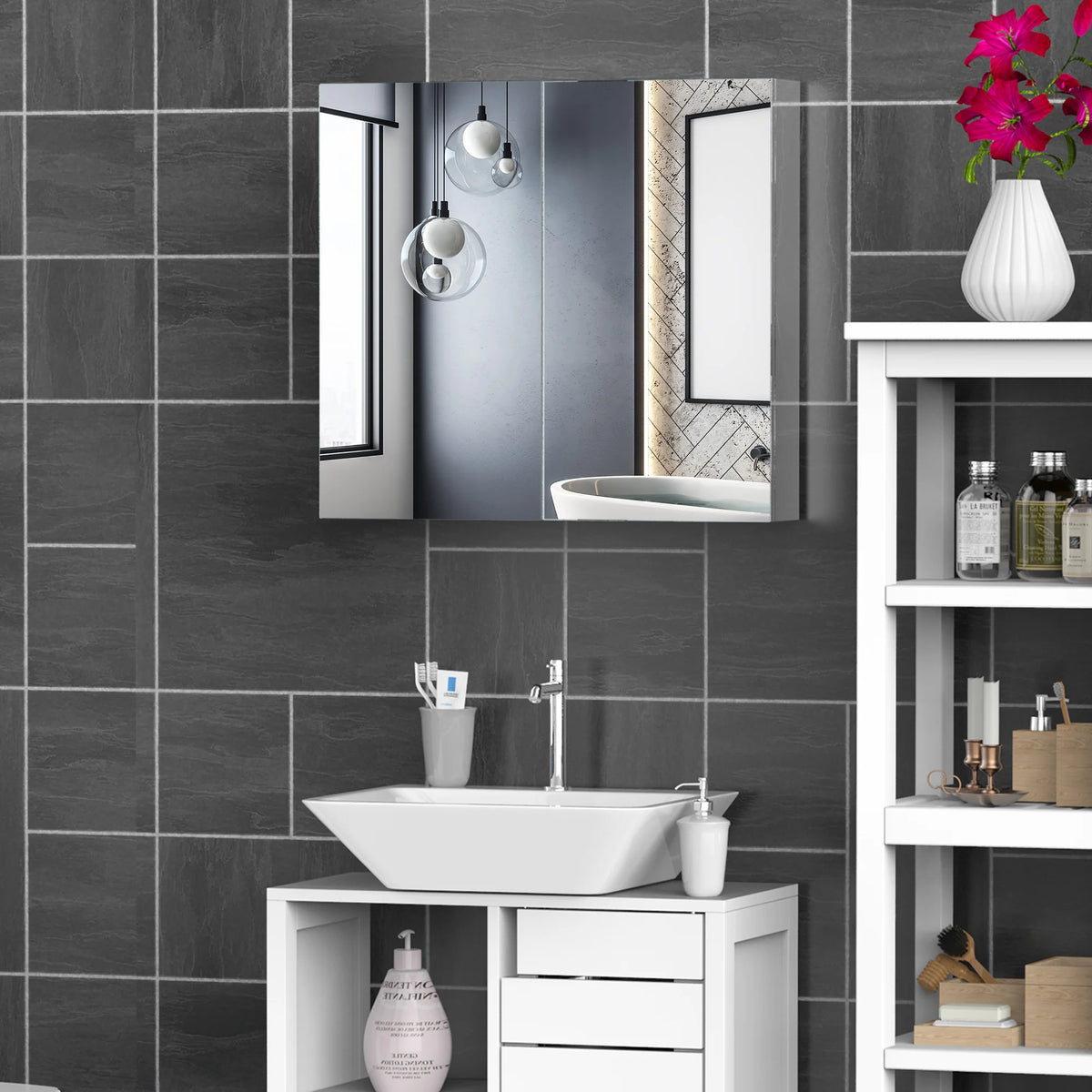 Stainless Steel Bathroom Mirror Cabinet, Double Door Wall Mounted, 60 x 55 x 12 cm