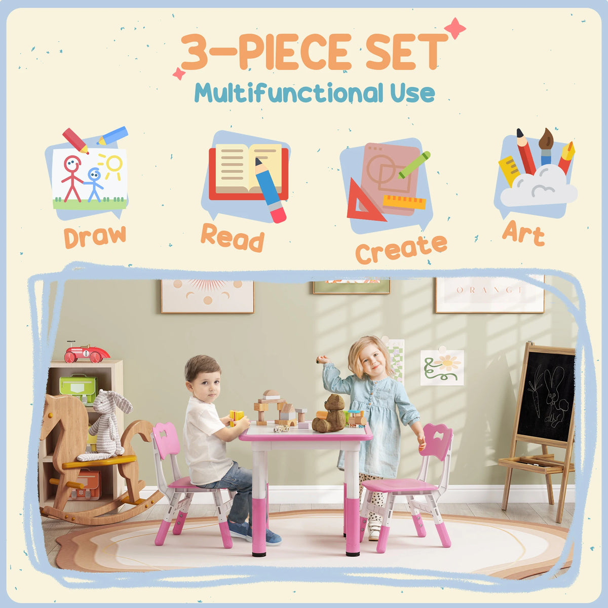 Kids Table and Chair Set, Height Adjustable, Easy to Wipe, Pink