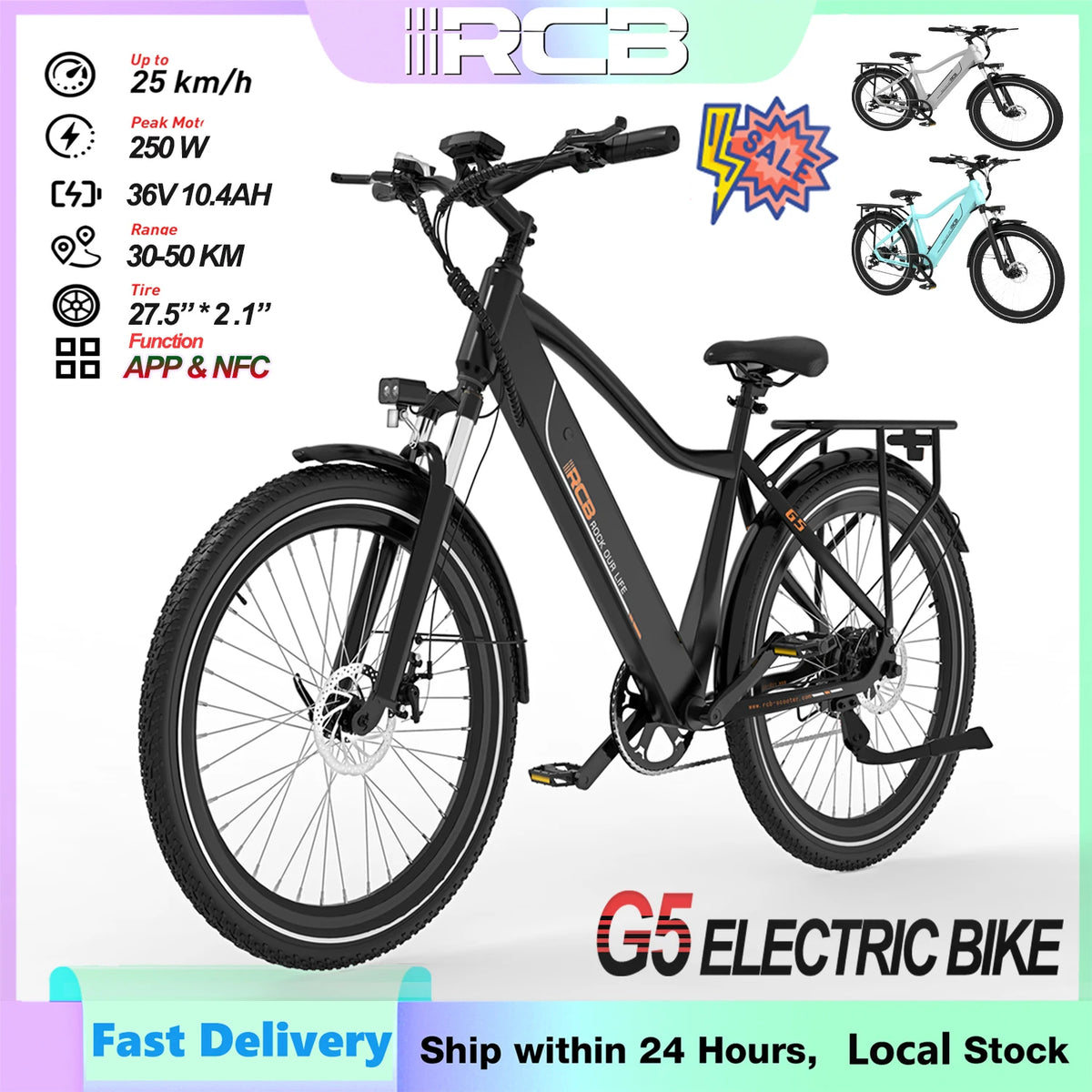 G5 27.5 Inch Electric Bike with 250W Motor, 36V 10.4Ah Removable Battery, App and NFC Unlock, 21-Speed