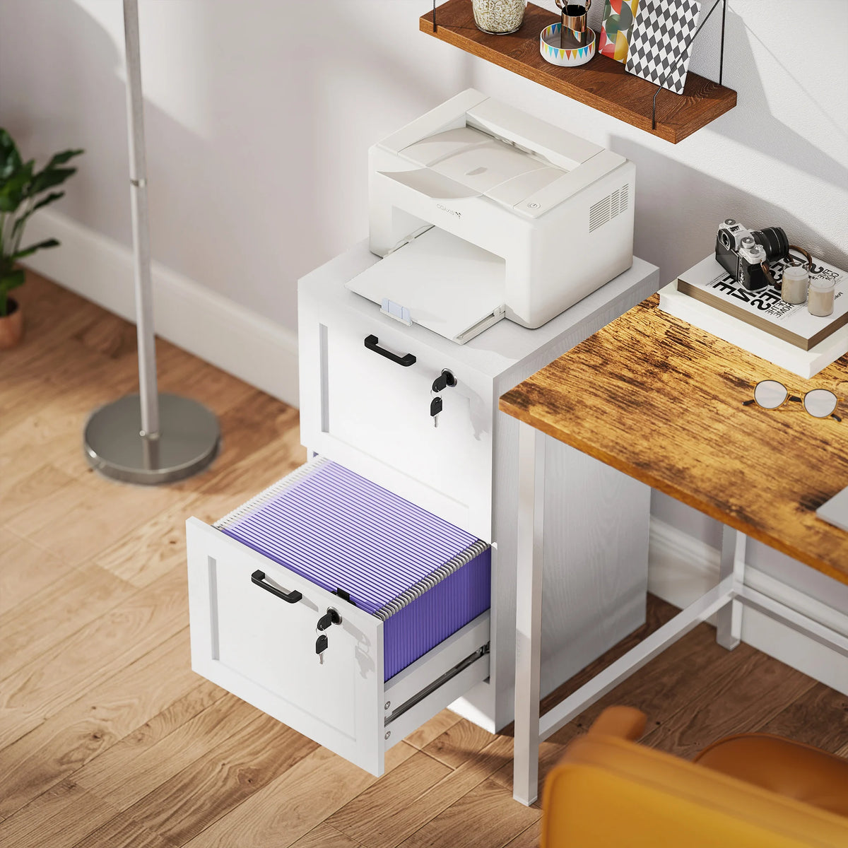 2-Drawer File Cabinet, Lockable Filing Cabinet for A4 and Letter Paper, White