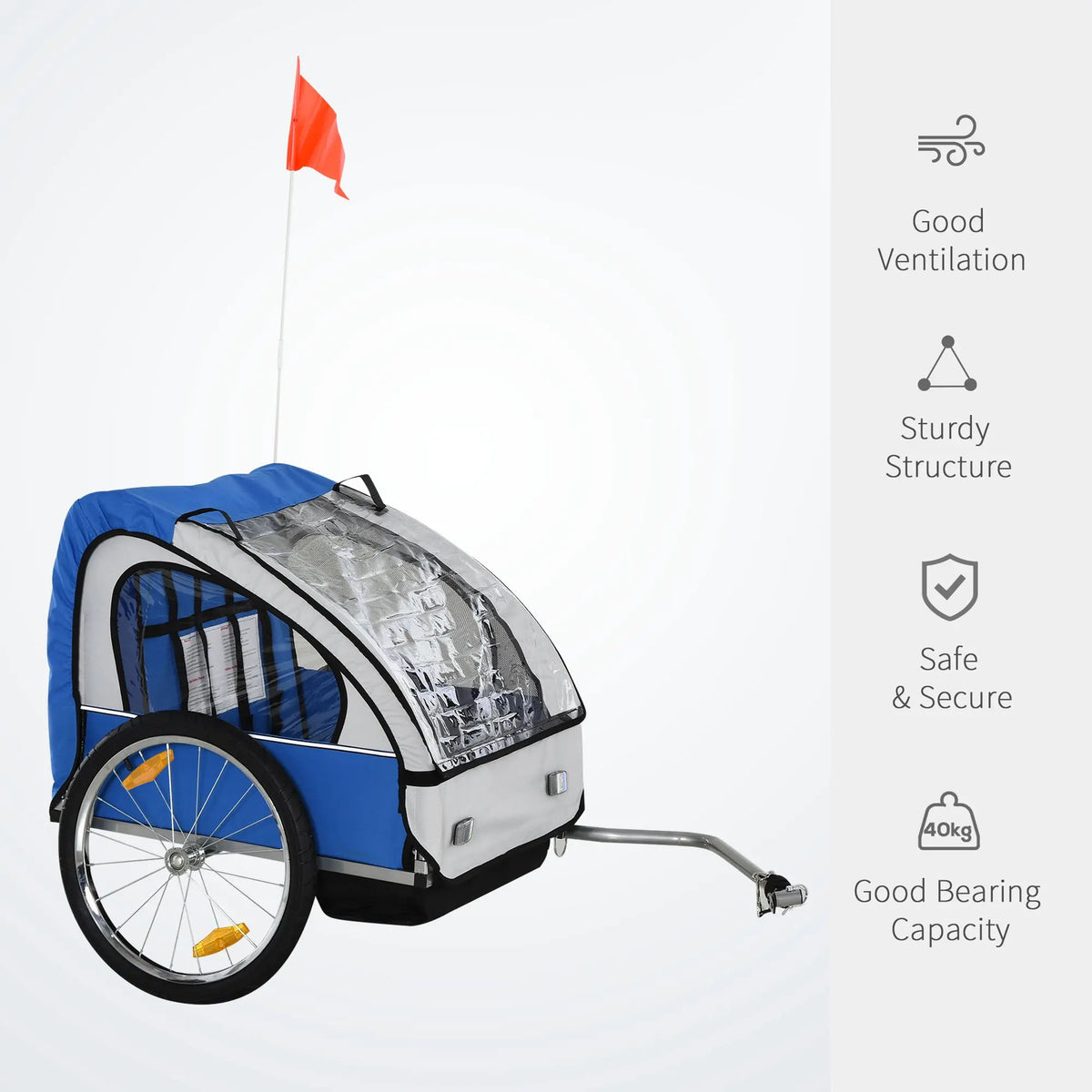 2 Seat Child Bike Trailer with 5 Point Harnesses Steel Frame Oxford Canopy Reflectors and Safety Flags