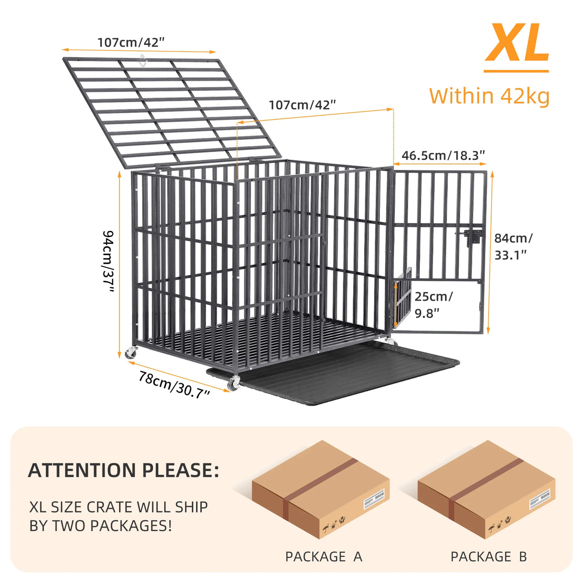 BINGOPAW Large Heavy Duty Dog Crate 95x57x81cm 4 Lockable Wheels 3 Doors Tray for Medium Large Dogs