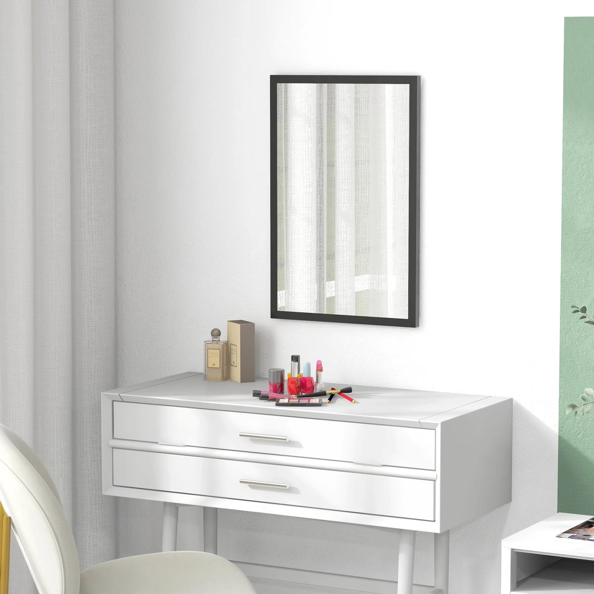 Wall Mirror 60x40cm Rectangular with Thick Shatter Protected Multi Layer Glass and Pre Moulded Hooks Black