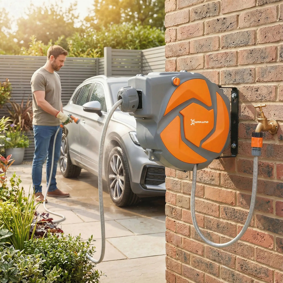 Compact 10m Retractable Hose Reel with Auto Rewind, Lock and Spray Gun, Grey and Orange