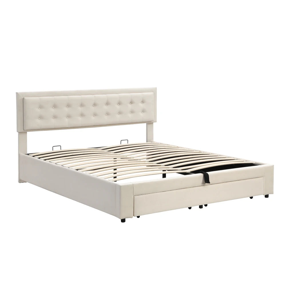 Super King 6ft Upholstered Bed Frame with Storage, Cream Velvet, Height-Adjustable Headboard