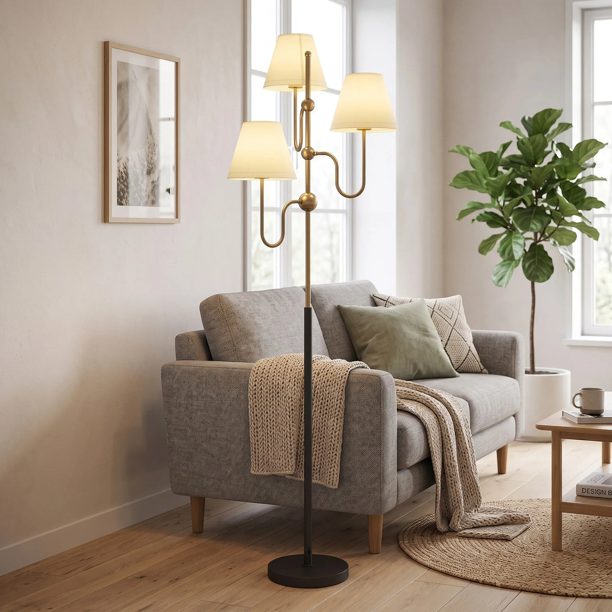 3-Light Floor Lamp with Linen Shades and Foot Switch, 165cm Tall