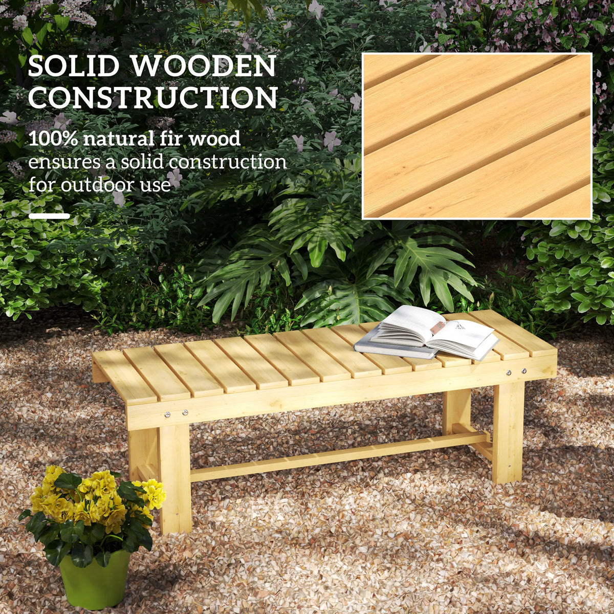2 Seater Wooden Garden Bench 110x38x35cm Solid Fir Slatted Seat with Foot Bar Weather Resistant Paint Natural
