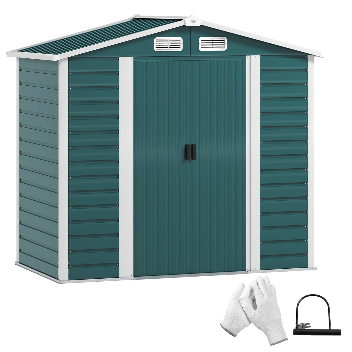 7 x 4ft Metal Garden Shed with Sliding Doors, Apex Roof and Vents, Green