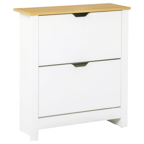 12-Shoe Storage Cabinet, 4 Shelves, 2 Drawers, Tabletop, 4 Legs, Modern White