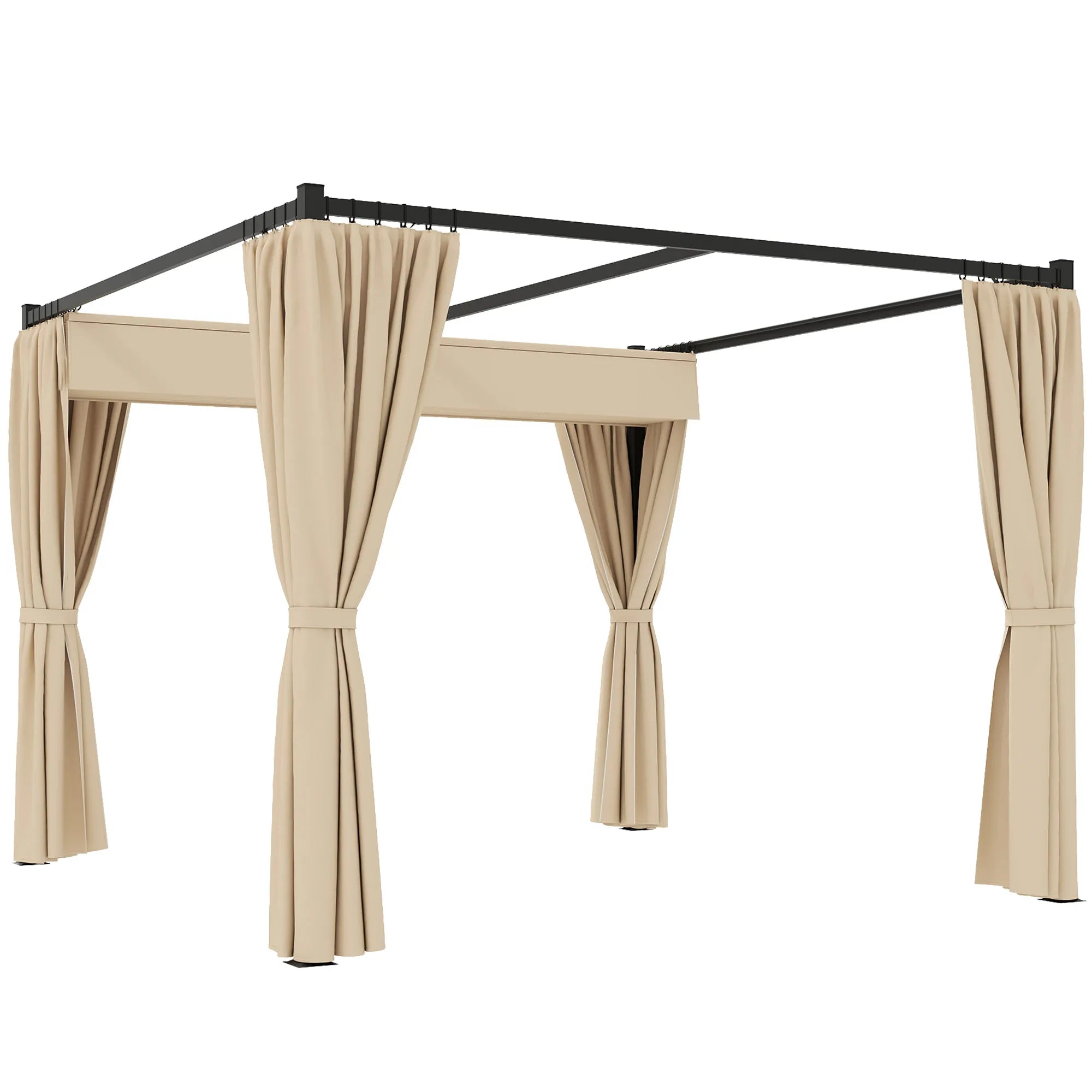 3 x 3m Metal Pergola with Retractable PU-Coated Canopy, Privacy Curtains and Ground Stakes
