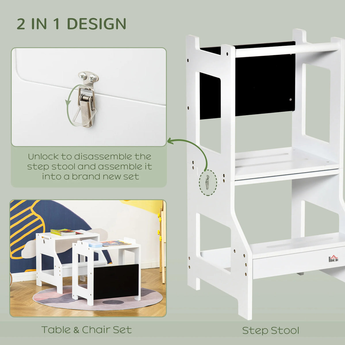 2 in 1 Kids Kitchen Step Stool with Safety Rail Converts to Table and Chair with Chalkboard MDF White