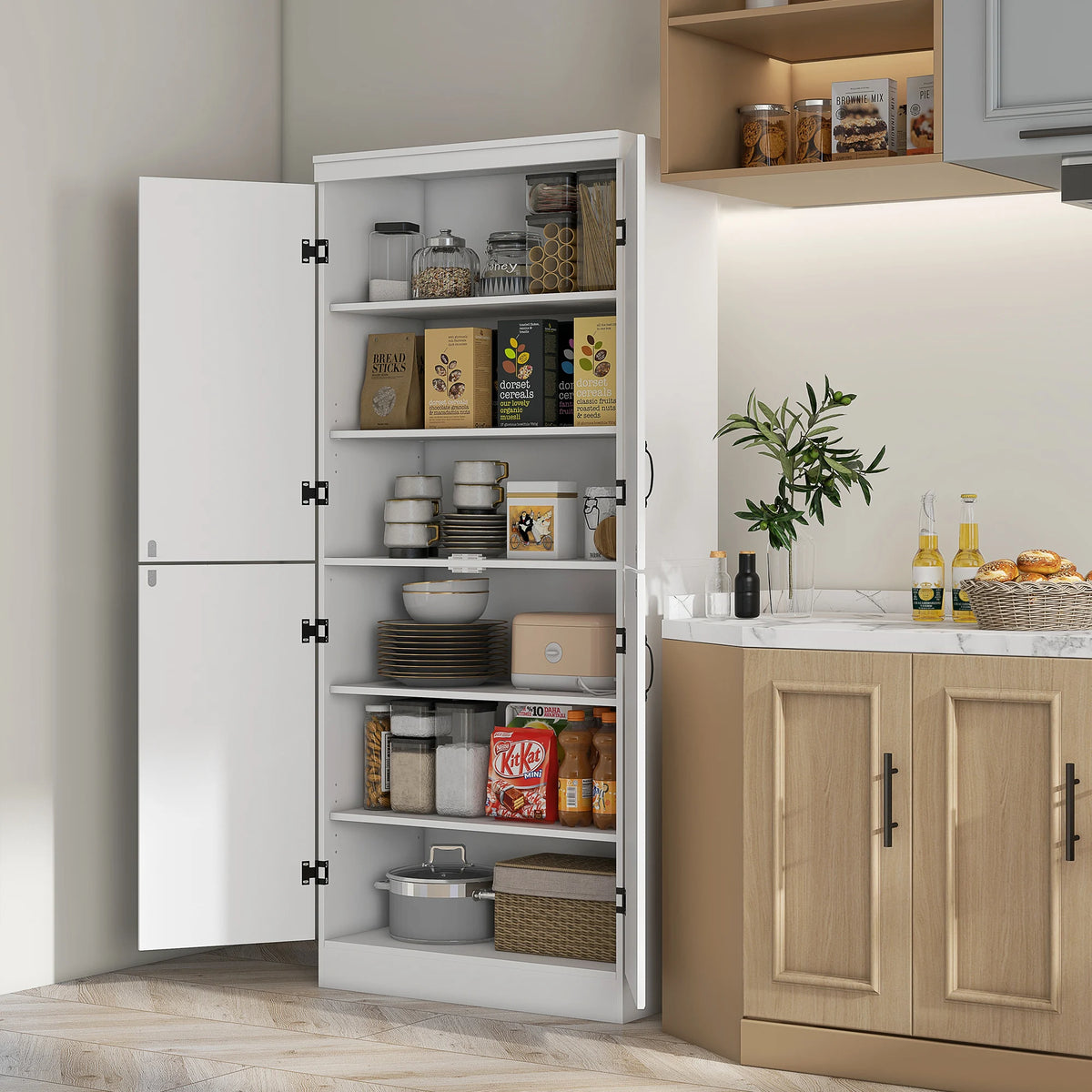 Kitchen Storage Cupboard with 4 Doors and Adjustable Shelves, 76 x 40 x 176.7 cm, White