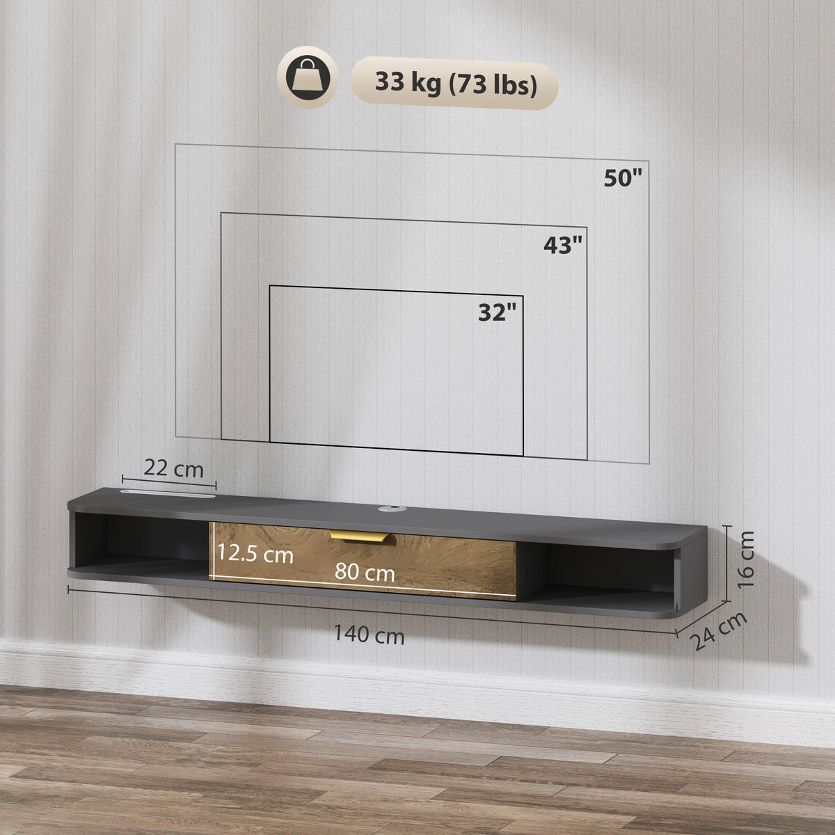 140cm Floating TV Unit with Storage, Wall-Mounted Media Console, Grey