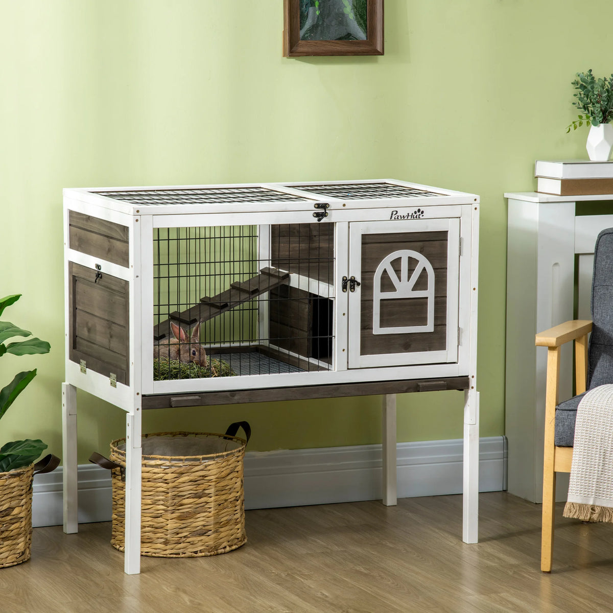 Wooden Rabbit Hutch with Openable Roof Removable Legs Steel Wire Run Ladder and Removable Tray