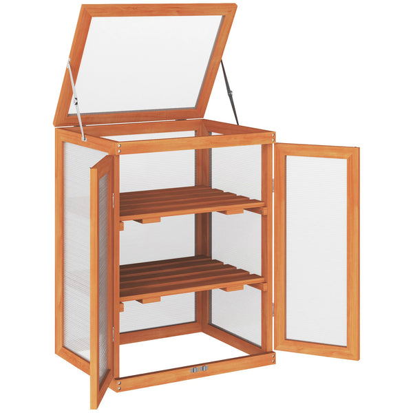 Mini Wooden Cold Frame Greenhouse with 2 Shelves Polycarbonate Panels Top Opening and Double Front Doors