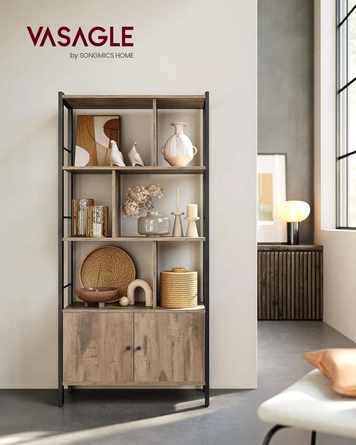 Large Industrial Bookcase with Doors 154cm | 4 Open Shelves and Closed Cabinet Steel Frame Living Room Storage