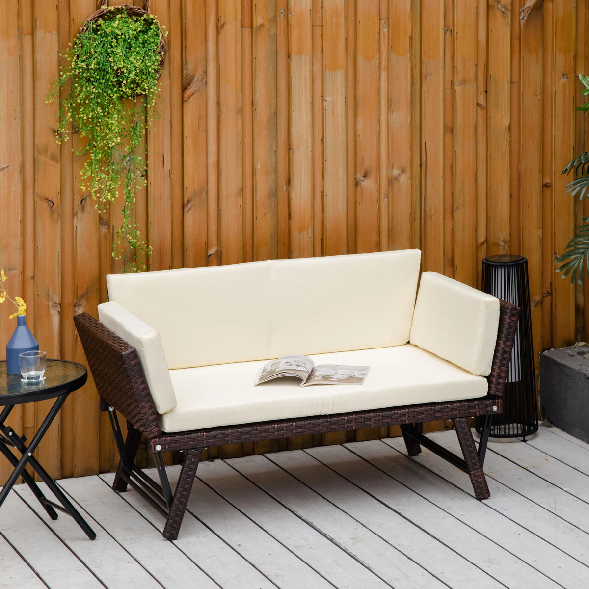 2 Seater Rattan Sofa with Cushions, 2-in-1 PE Rattan Daybed with Adjustable Armrests