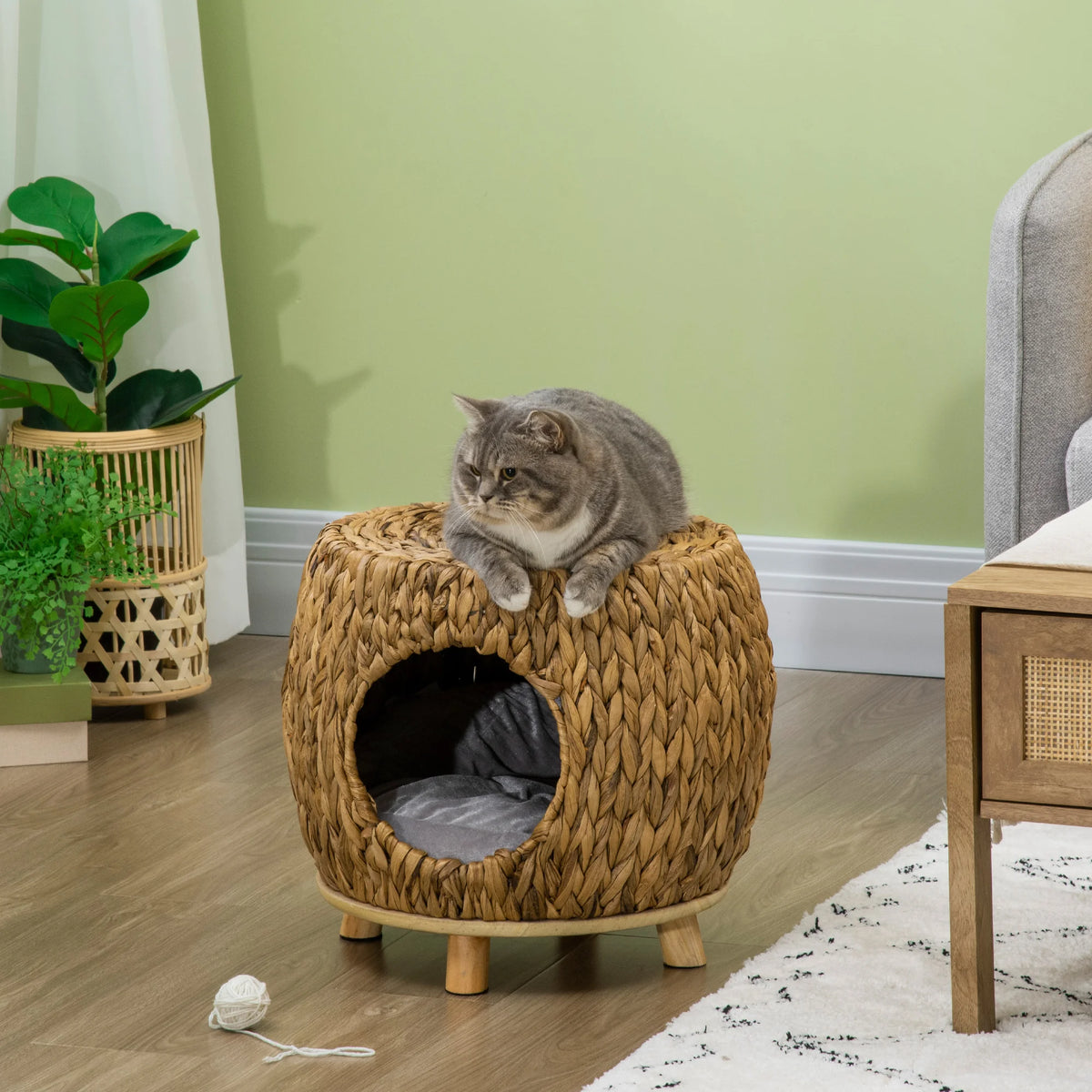 Rattan Cat House and Stool 44x43x41cm Water Hyacinth Cat Cave with Washable Cushion for Cats Under 5kg