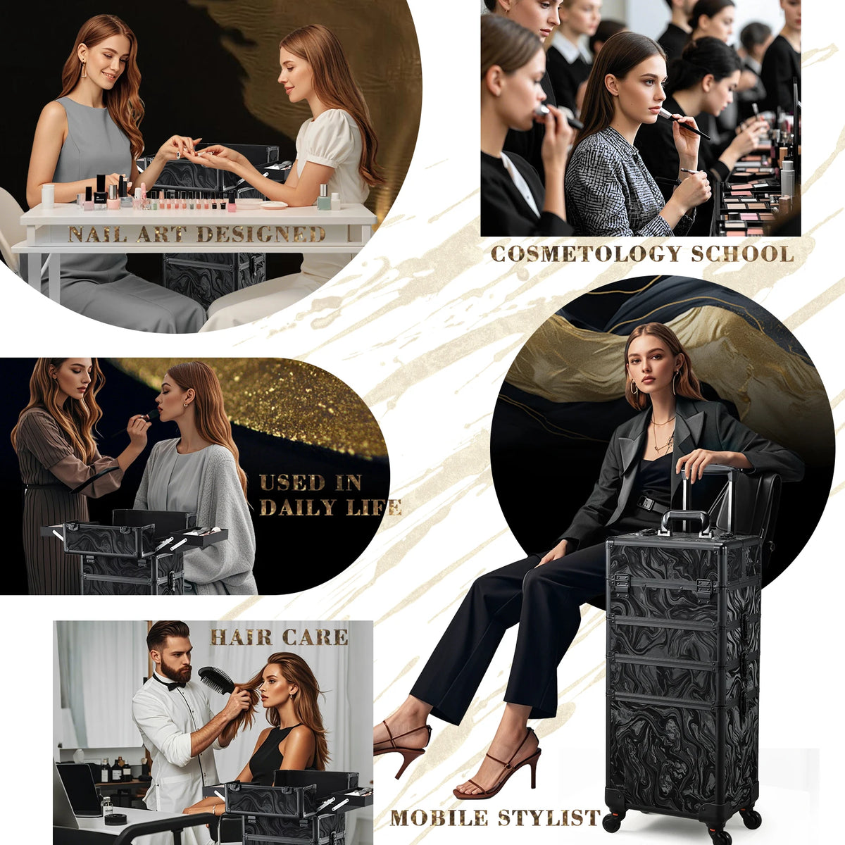 4 in 1 Rolling Makeup Train Case on Wheels with 4 Trays 36-55L PVC Cosmetology Trolley for Nails and Tattoo