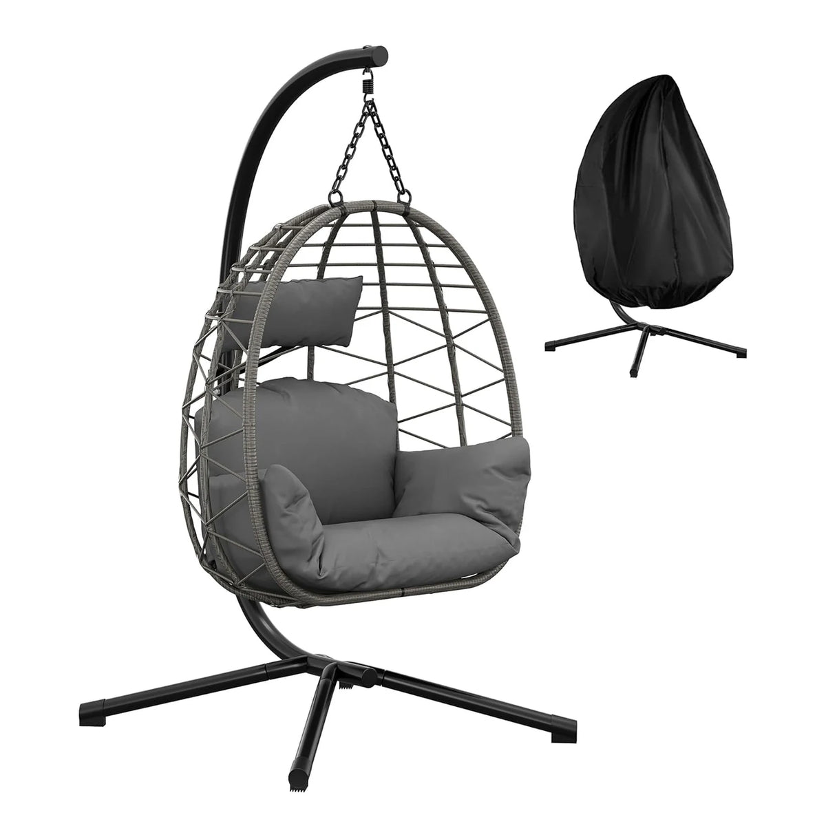Garden Rattan Hanging Egg Chair with Stand Cushions 150kg Foldable All-Weather Cover for Patio Outdoor