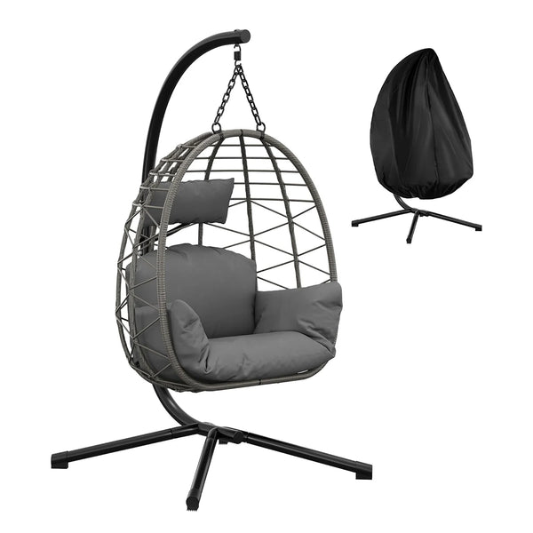 Garden Rattan Hanging Egg Chair with Stand Cushions 150kg Foldable All-Weather Cover for Patio Outdoor