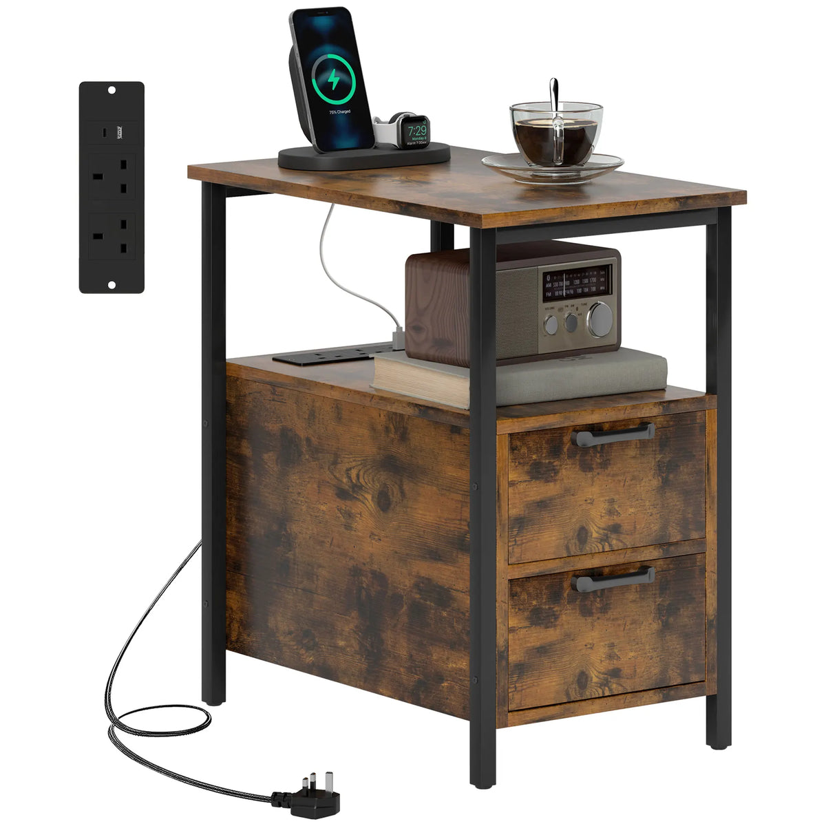 Side Table with Charging Station, 2 Drawers and Shelf, Rustic Brown