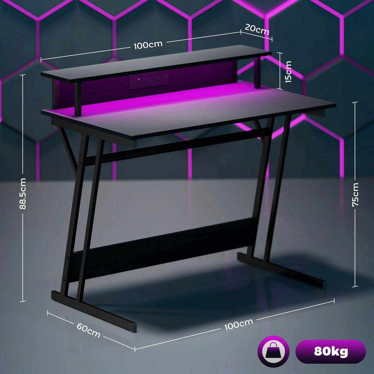 LED Gaming Desk with Power Outlets and Monitor Stand, 100 x 60cm, Black