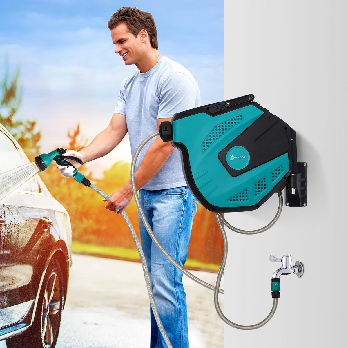 Compact Garden Hose Reel with Auto Rewind and Locking Spray Nozzle