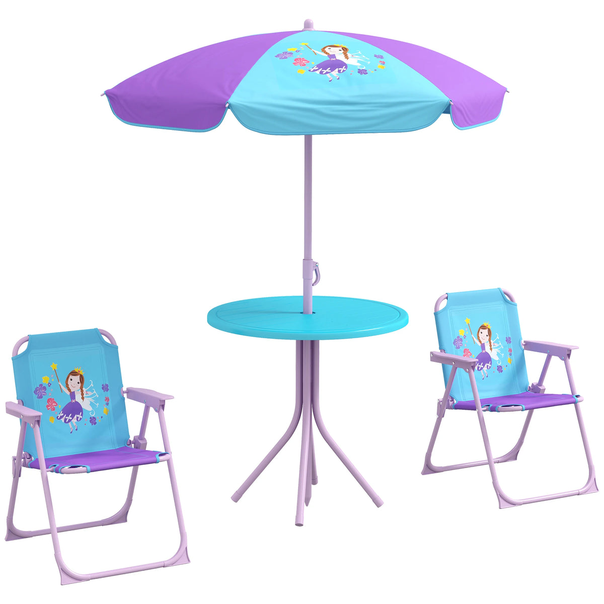 Kids Bistro Table and Chair Set Fairy Theme with 86-122cm Adjustable Parasol and Safety Lock Folding Chairs