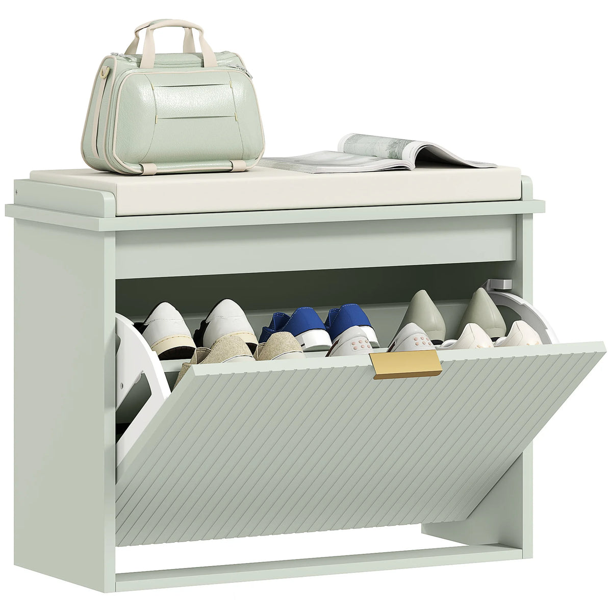 Shoe Storage Bench with Cushioned Seat and Flip Drawer, 62 x 26 x 47.5 cm, Green